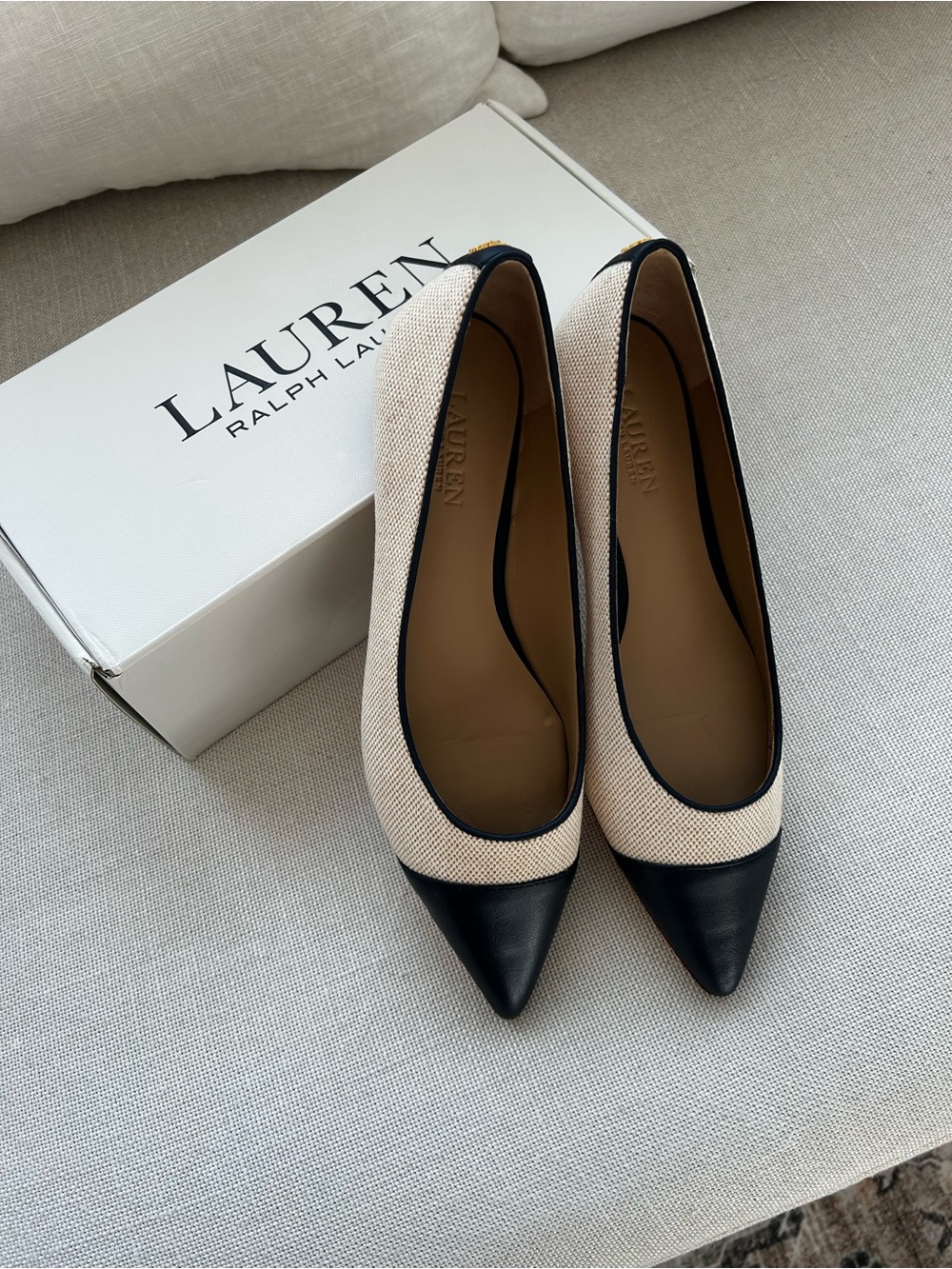 Lauren Ralph Lauren Londyn Beige & Navy Pointed-Toe Flats - NIB / New in Box